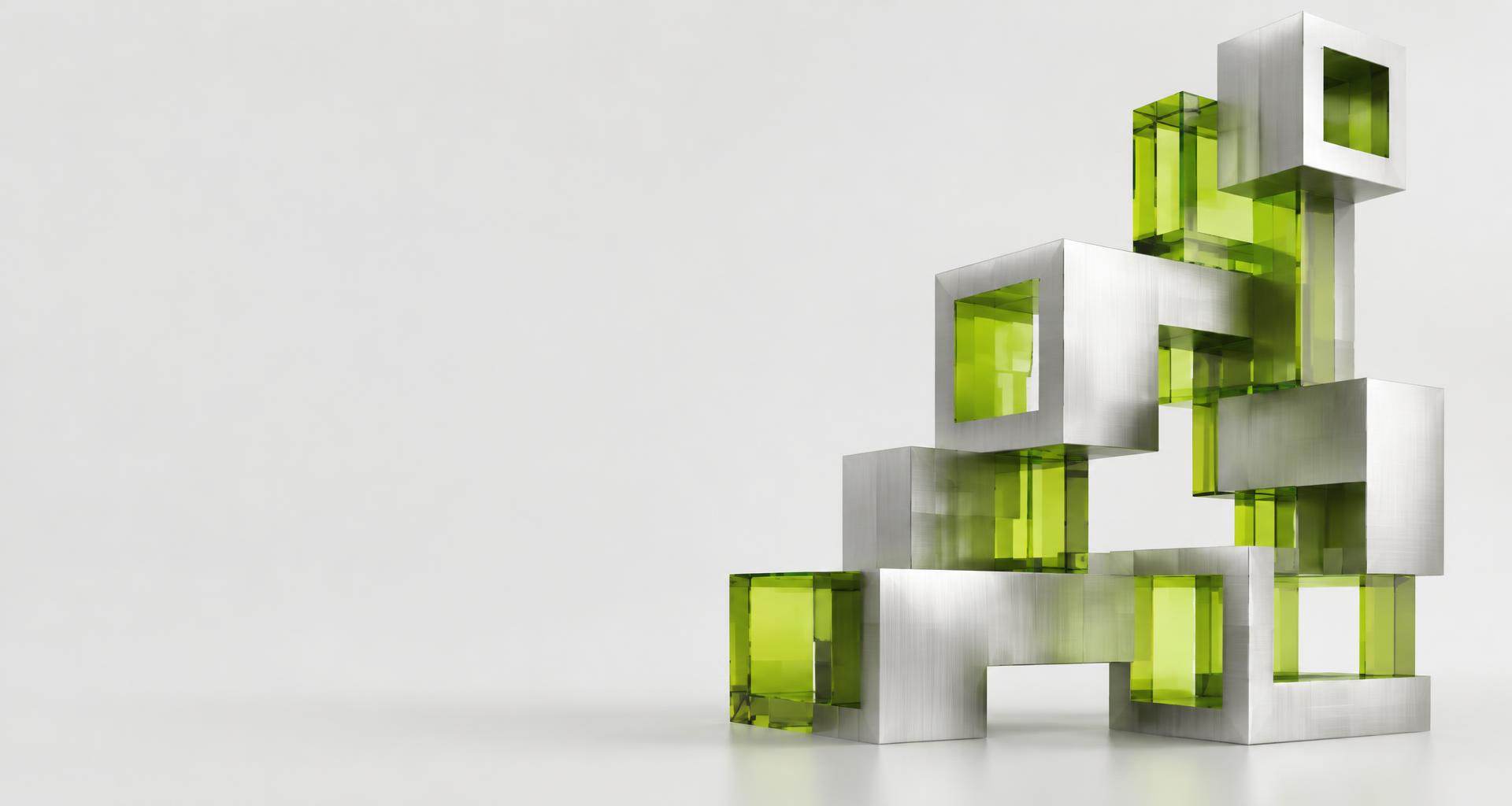 Blocos de metal e vidro verde em uma estrutura conectada